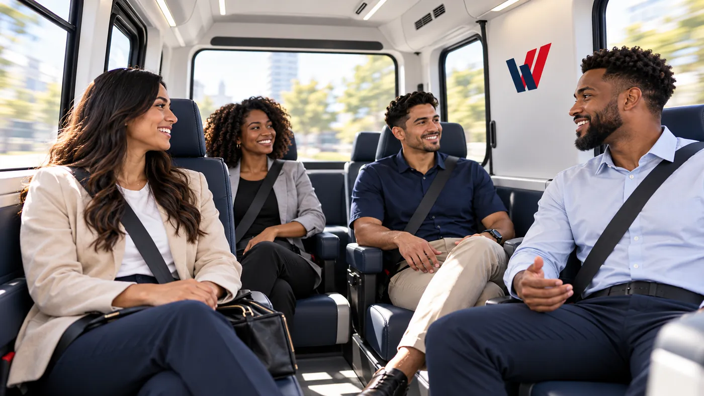Colleagues chatting on their way to work inside a WEMOVV shuttle