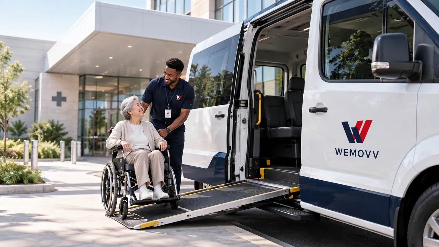 Care worker helping a senior in a wheelchair onto a WEMOVV accessible van