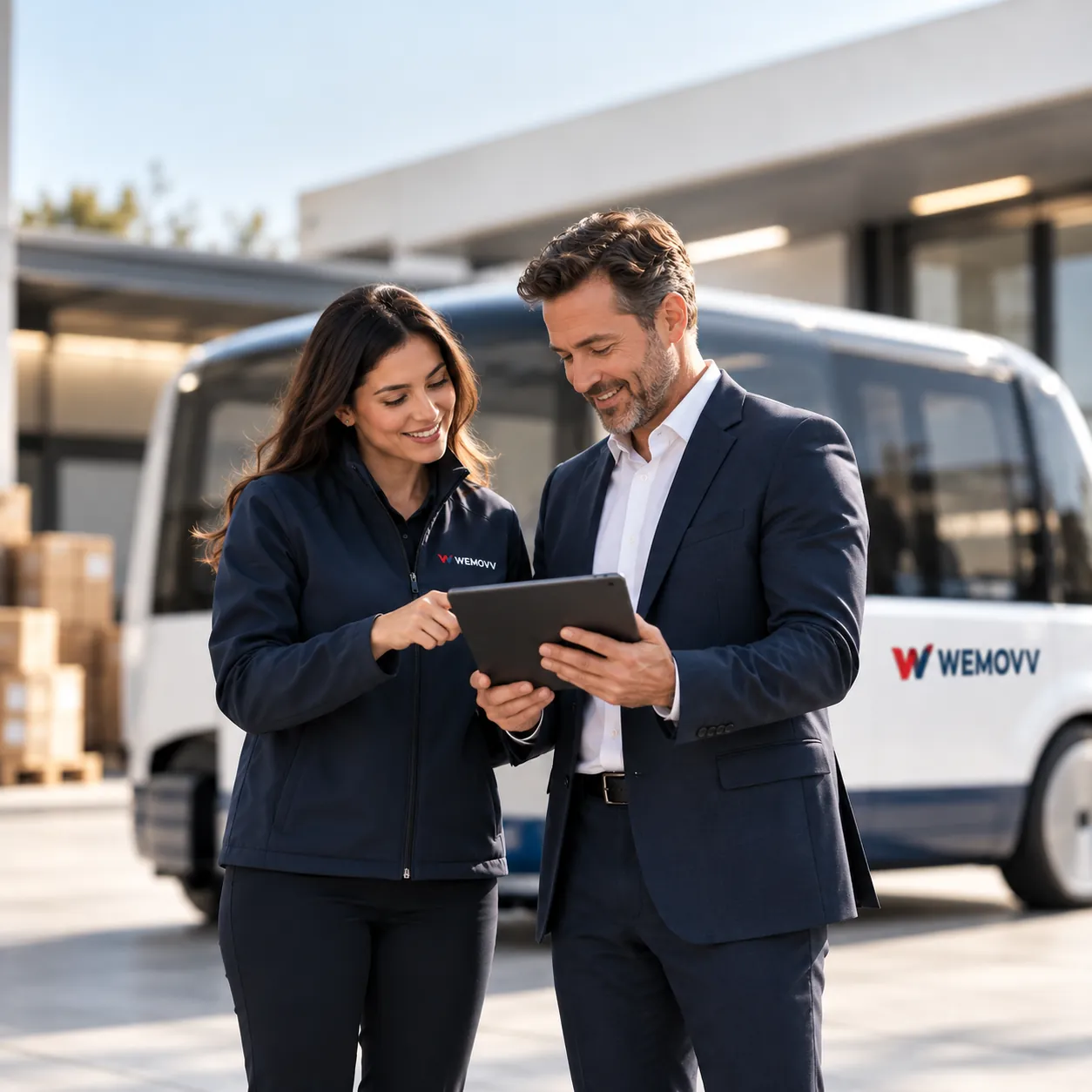 Two WEMOVV team members reviewing a tablet beside a shuttle