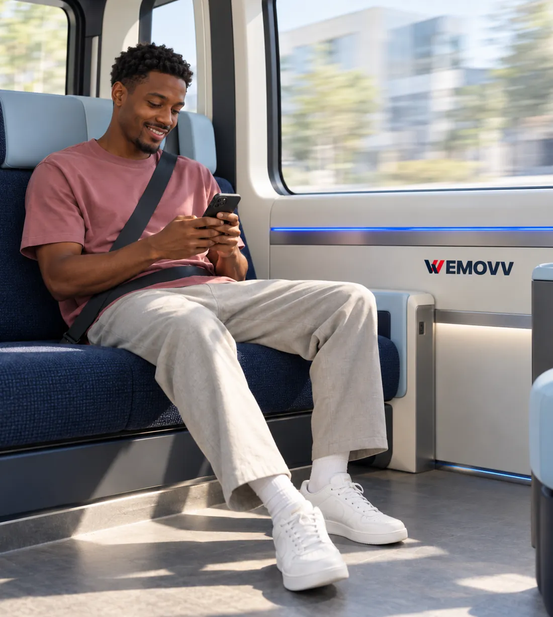 Smiling passenger checking his phone on a WEMOVV shuttle